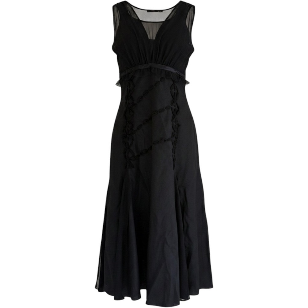 ZAPA Paris Black Linen Silk Midi Dress Floral Appliqué Mesh Bodice Size 38 US 6